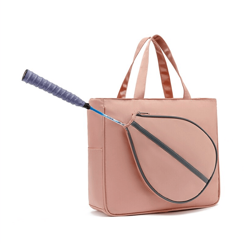 Sporty pink tennis bag with racket pocket for women, made of durable nylon and polyester, SF1487 model, 43x36x12 cm size.